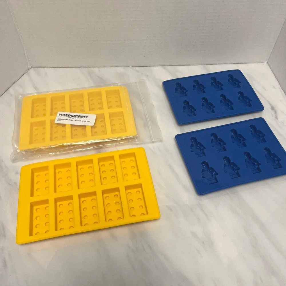 4pc LEGO Brick and Minifigure Silicone Candy Molds Yellow Blue Ice Trays
